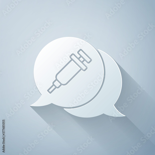 Paper cut Addiction to the drug icon isolated on grey background. Heroin, narcotic, addiction, illegal. Sick junkie with a syringe and medical pills. Paper art style. Vector.