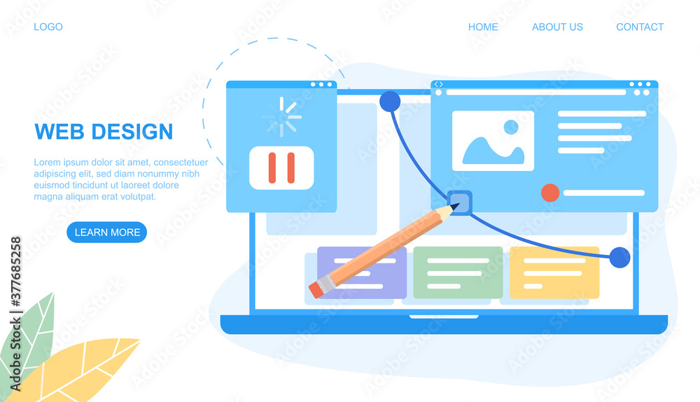 Fototapeta premium Web Design concept with layouts or templates for pages on a laptop screen with pencil, colored vector illustration