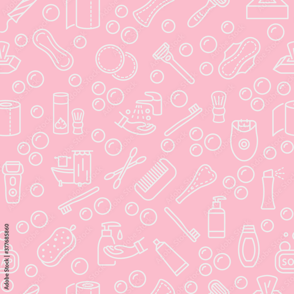 Seamless pattern with vector line flat icon. Personal hygiene products. Pink background color and white symbols. Womens and mens individual hygiene items.