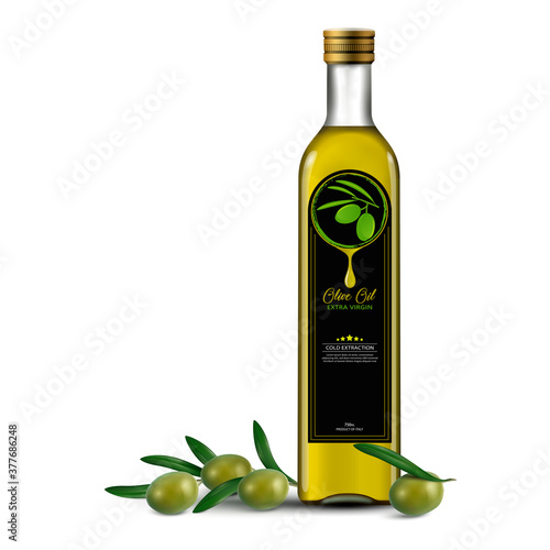 Natural extra virgin olive oil realistic glass bottles with labels. Layout of food identity branding, modern packaging design.