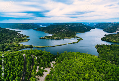 Aerial view of blue lakes and green forest. Krka river national park, Croatia