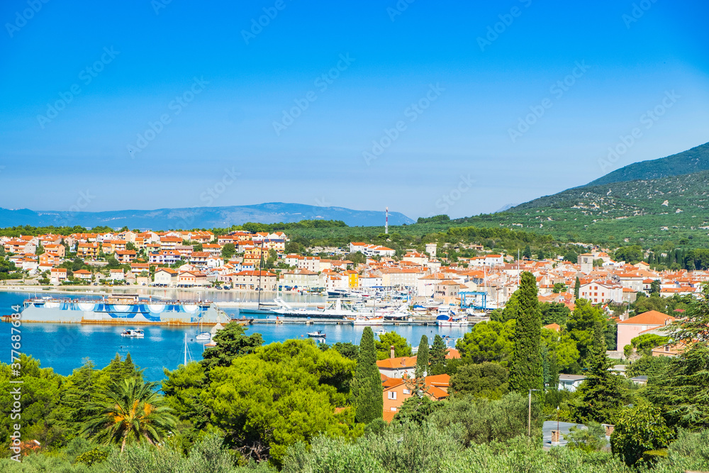 Panoramic view of beautiful blue bay town of Cres on the island of Cres, Adriatic sea in Croatia