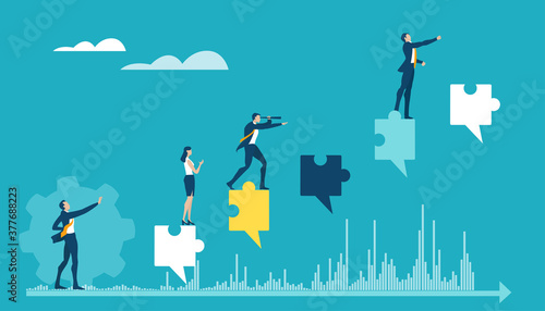 Business people climbing up puzzle pieces as symbol of taking other people opinions and work together. Business concept illustration 
