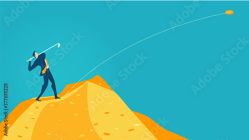 Successful businessman stands high up on heap of golden coins and playing golf as symbol of achievement and success. Business concept illustration 