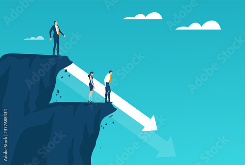 Business people stand up at the edge of cliffs and facing financial fall, economy crisis, problems and recession 