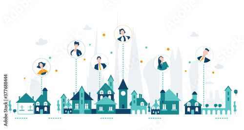 Working from home, global contact, talk to people. Connections,  technology, remote working idea. City and internet connections illustration