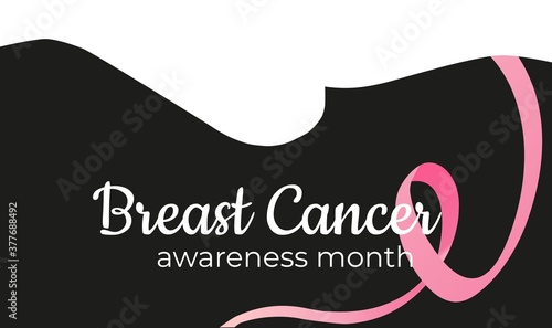 Vector illustration on the theme of women's health, dedicated to breast cancer screening. In white and black with pink ribon. With a silhouette of a woman's breast