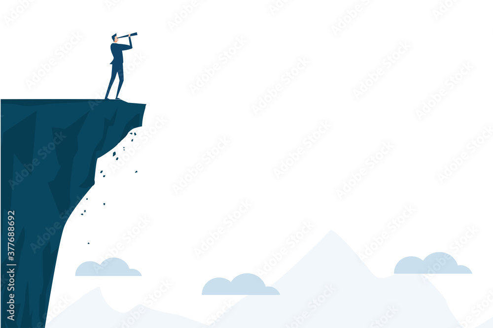 Business man looking with the telescope from the top of cliffs stands at the edge in risky position. Making investments, since new start up concept illustration 
