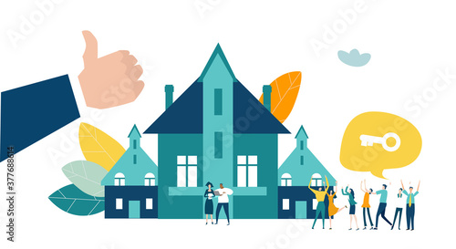 New residential and office development. People celebrating purchase, move to new home, change in life. 