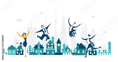 Happy business people jumping high up as symbol of achievement, beating the target and success. Business concept illustration