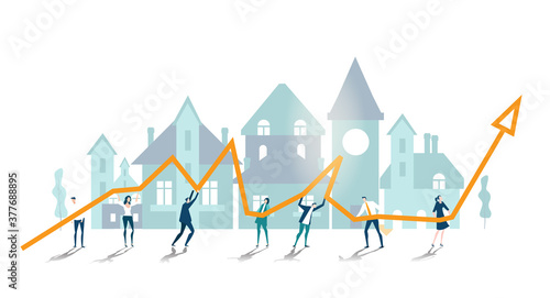 People holding arrow up next to new property development and show growing interest and demand to the affordable properties. 
