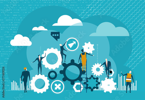 Business people working with gears. Work together. 