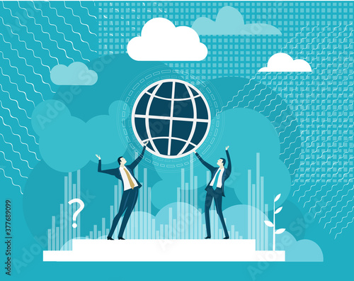 Two successful businessmen works with globe, international business, world wide connections. Business illustration