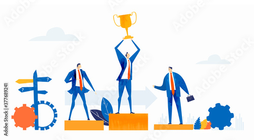 Business people and trophy. First place, the best banker. Business people get awards. 