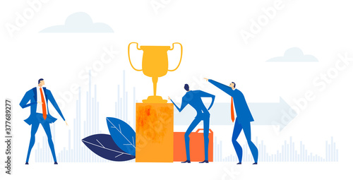 Business people and trophy. First place, the best banker. Business people get awards. 