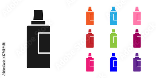 Black Plastic bottle for laundry detergent, bleach, dishwashing liquid or another cleaning agent icon isolated on white background. Set icons colorful. Vector.