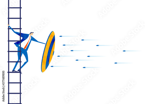 Strong successful businessman climbing with the ladder and protects himself with the shield against of bullets.