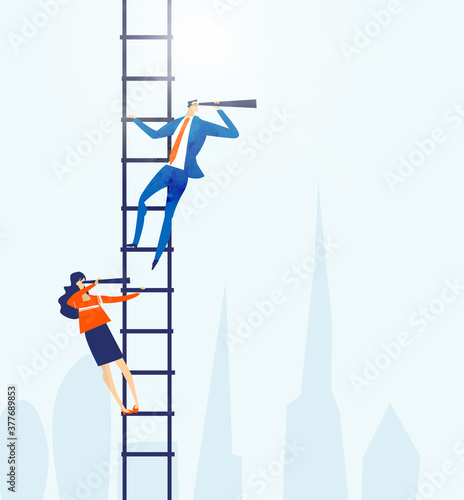 Businessman climbing up with the ladder and looking with the telescope. Ladder of success. 
