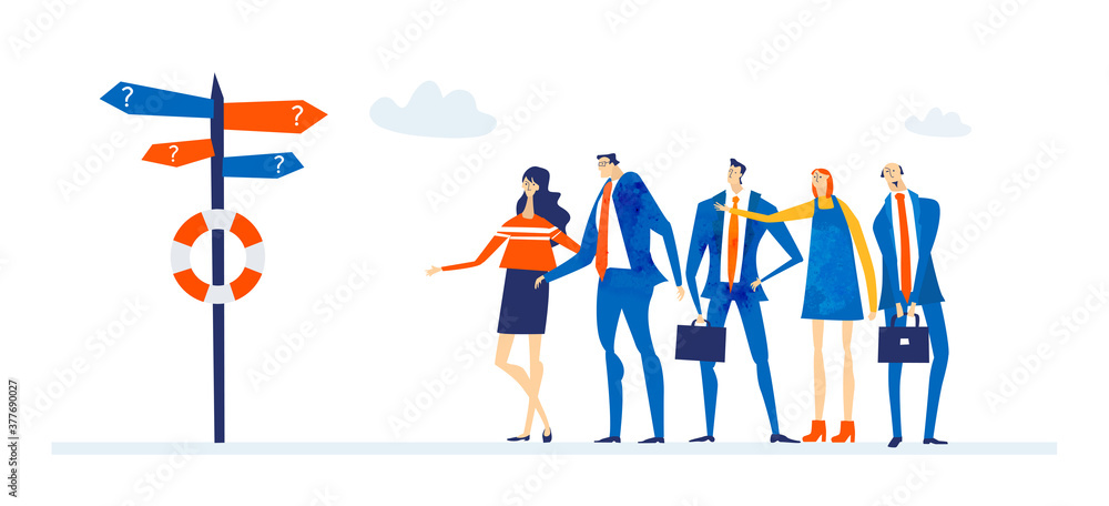 Group of successful business people stand next to post with directions pointers and  negotiation which way to go. Business concept illustration 