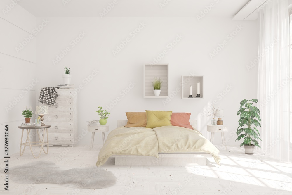 Fototapeta premium White bedroom interior. Scandinavian design. 3D illustration