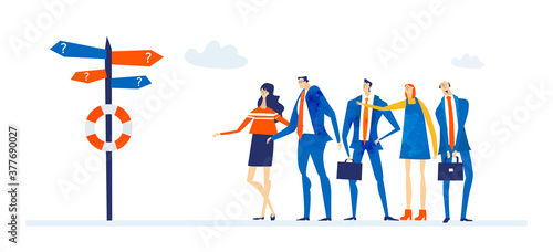 Group of successful business people stand next to post with directions pointers and  negotiation which way to go. Business concept illustration 