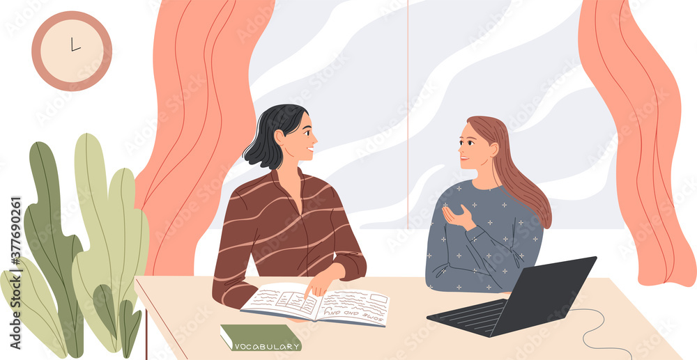 Two women sit at the desk and talk. Two women sit at the desk and talk.