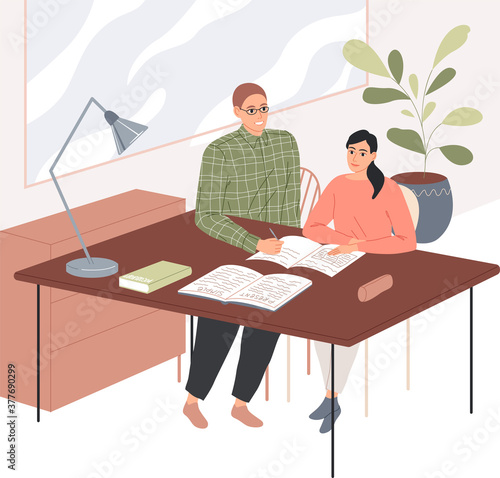 Male teacher individually takes lessons with a girl