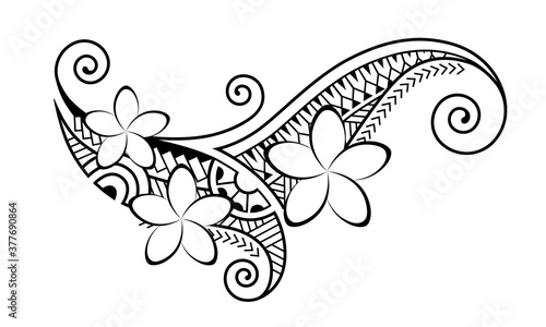 Maori style tattoo.  Ethnic decorative oriental ornament with Frangipani Plumeria flowers. Coloring book page.