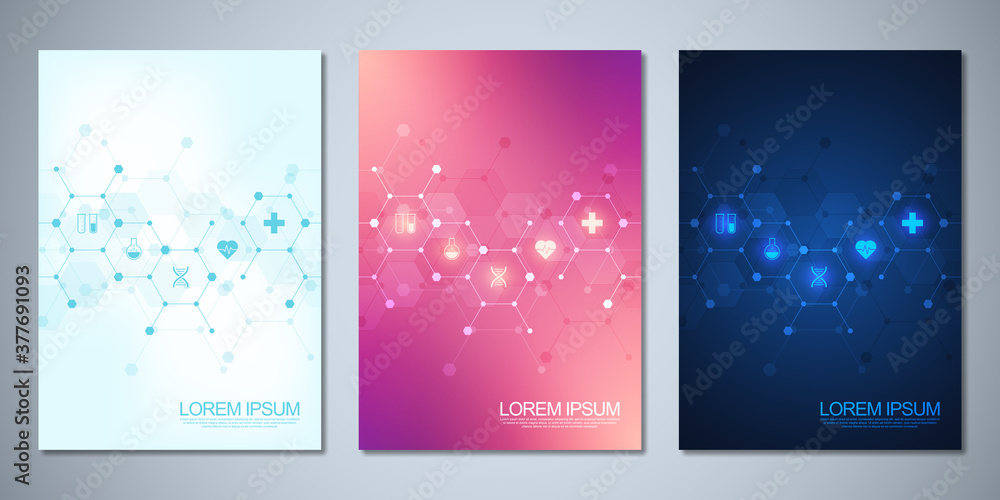 Template brochure or cover book, page layout, flyer design. Concept and idea for health care business, innovation medicine, pharmacy, technology. Medical background with flat icons and symbols. Template brochure or cover book, page layout, flyer design. Concept and idea for health care business, innovation medicine, pharmacy, technology. Medical background with flat icons and symbols.