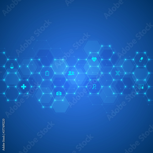 Healthcare and technology concept with flat icons and symbols. Template design for health care business, innovation medicine, science background, medical research. Vector illustration.
