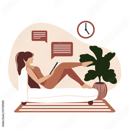Stay home activities illustration. Stay home concept, communication from home.  Freelancer character working from home. Vector. 