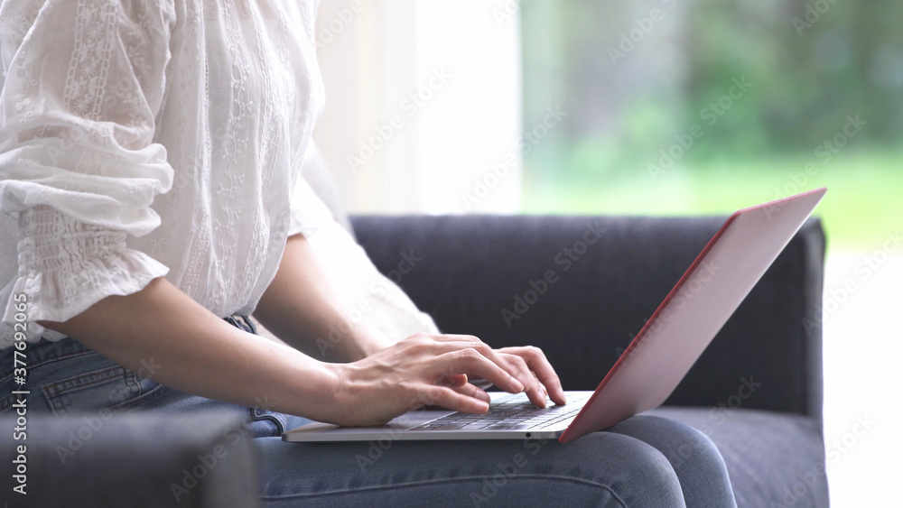 Naklejka premium ソファーでラップトップをタイピングする若い女性