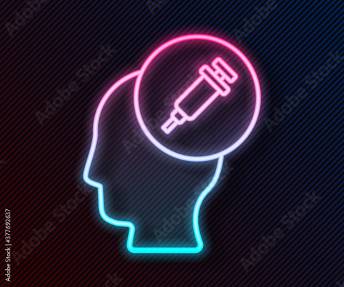 Glowing neon line Addiction to the drug icon isolated on black background. Heroin, narcotic, addiction, illegal. Sick junkie with a syringe and medical pills. Vector.