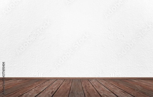 Empty interior room with white cement wall texture and brown wooden floor pattern. Concept interior vintage style