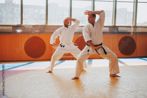 Fototapeta Naklejka Na Ścianę i Meble -  Mans on tatami trainings fighting stances