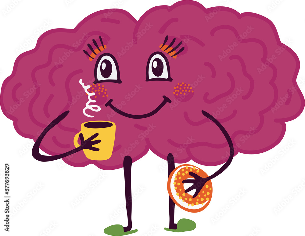 Smiling face brain character with coffee and donut. Morning concept. Vector stock illustration in cute doodle style. Smiling face brain character with coffee and donut. Morning concept. Vector stock illustration in cute doodle style.