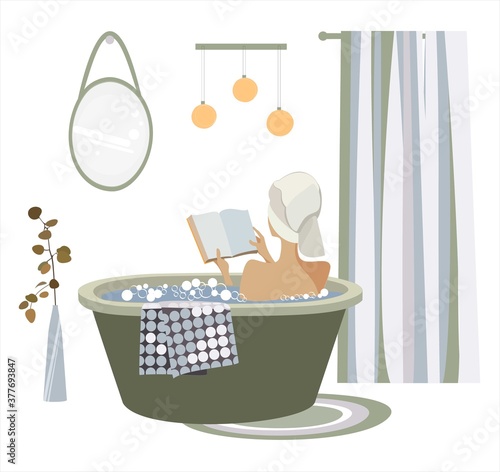 Bath time concept. Young woman lying in the bath full of soap foam and reading a book. Spa procedure. Trendy hand-drawn vector cartoon flat illustration.