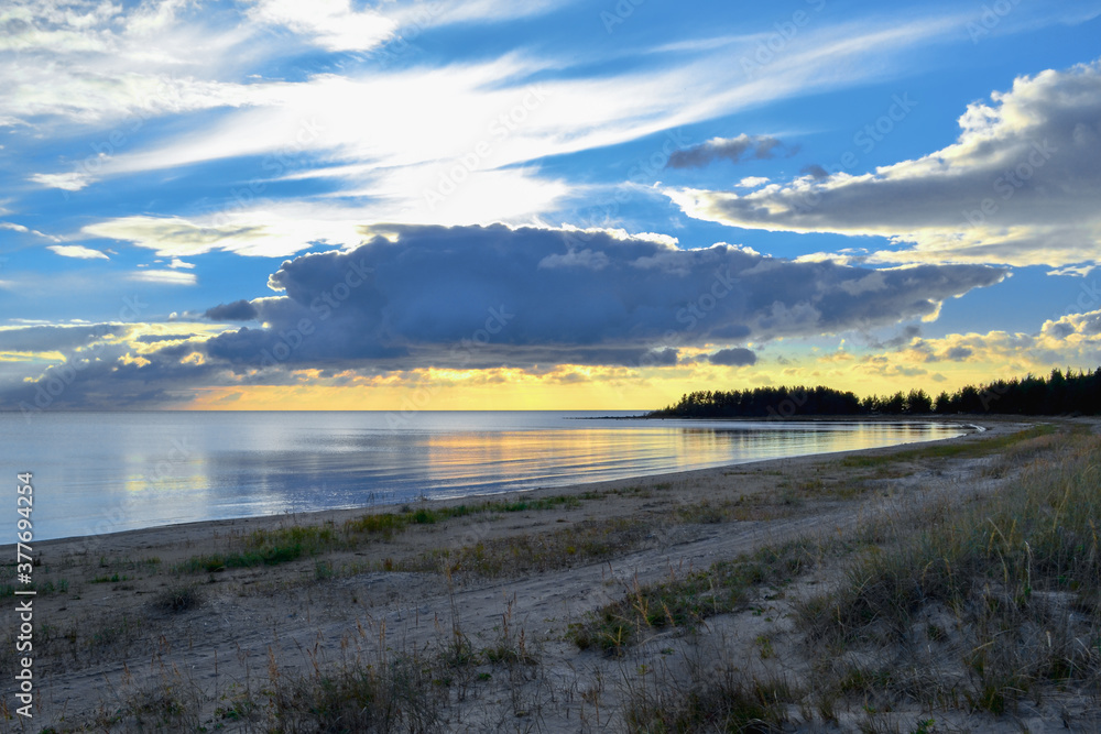 sandy grassy shore of Lake Ladoga with blue yellow sky with purple sunset clouds, forest on horizon