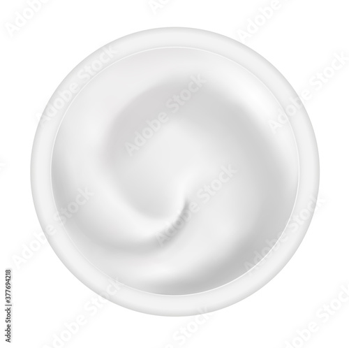 Round cream background. Cream jar isolated on white. Vector 3d realistic. yogurt, sour cream, or a cosmetic product. curl texture. Universal design template. Top view. eps 10.
