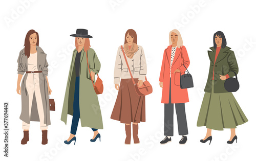 Set of young women standing  in spring, autumn and winter outerwear, different colors, cartoon character, silhouettes of people, students, flat icon design concept, isolated on white background