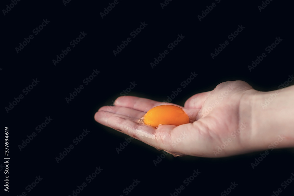 A young woman holding raw egg yolk on a black background, close up, isolated A young woman holding raw egg yolk on a black background, close up, isolated