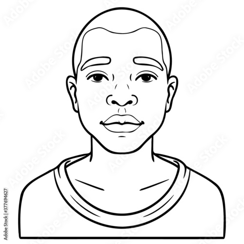 monochrome comic drawing of an african boy with sweater. upper body, outline.