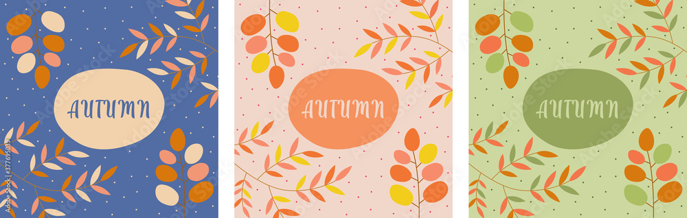Vector set of abstract autumn elements. Autumn set with copy space for text. Set of vector illustrations. Autumn trees and leaves.