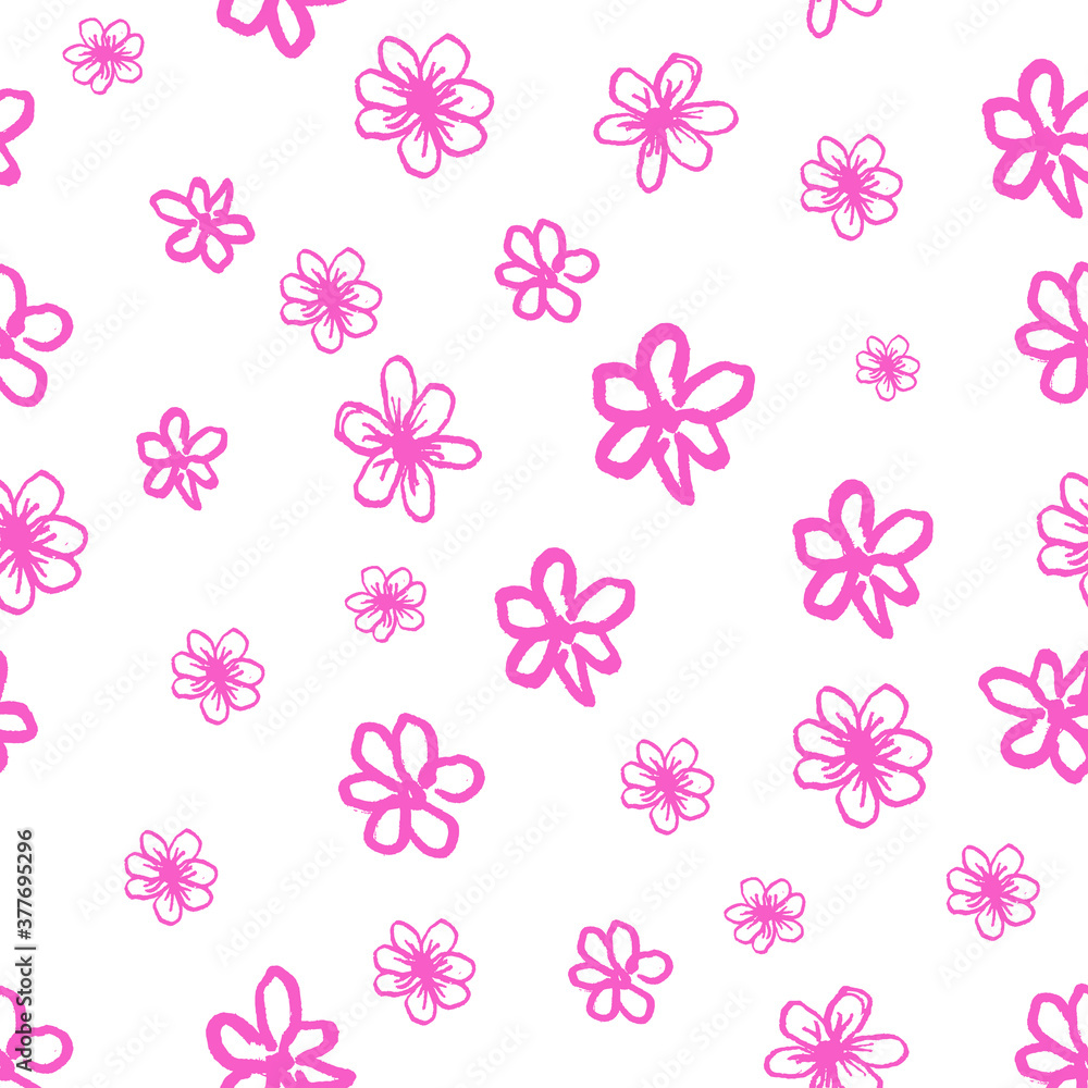 Seamless vector pattern with little funny pink flowers. Childlike drawing. Isolated on white background. Simple print design for wallpapers, textile, fabric, wrapping gift, ceramic tiles