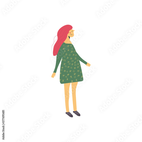 Cute young girl with pink hair in a green dress doodle drawing. Funny woman smiling. Female character with texture. Hand drawn flat vector illustration in cartoon style isolated on white background