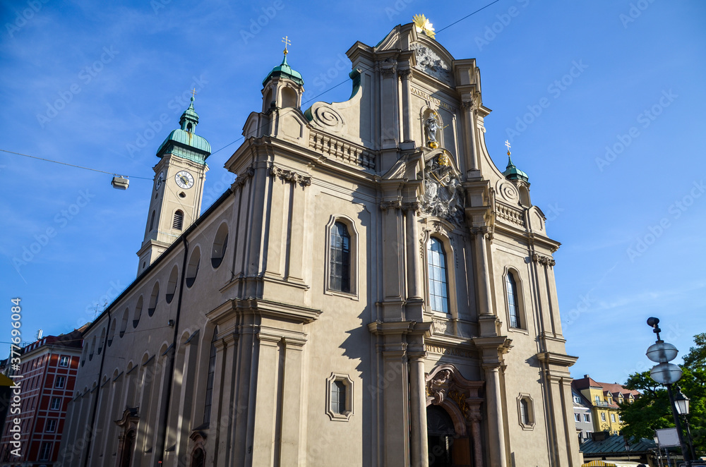 Facade of Holy Spirit Church (Heilig Geist Kirche) in downtown of Munich, between Marienplatz and the Viktualienmarkt, Germany