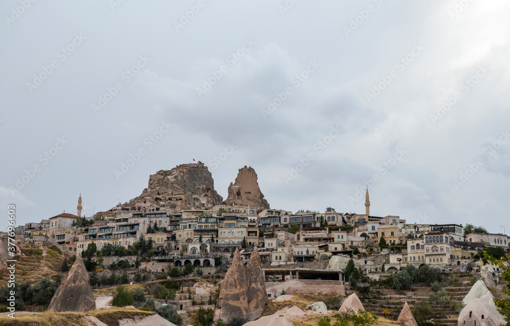 The town of Uchisar with highest building of Cappadocia the Castle Rock, Turkey