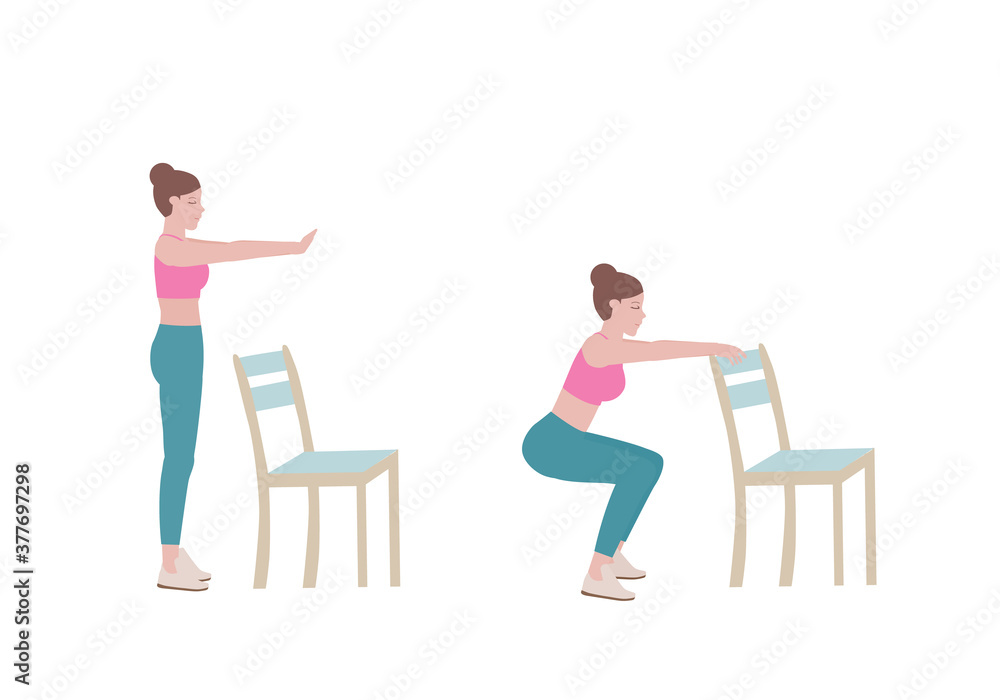 Fototapeta premium Exercises that can be done at-home using a sturdy chair. Place both hands out in front of the body. bend knees and loosen the hips, moving the buttocks toward the floor. with Modified Squats posture.