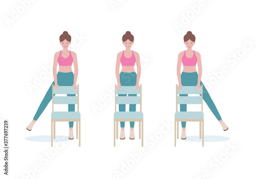 Woman doing exercises step by step. Exercises that can be done at-home using a sturdy chair. Isolated vector illustration in cartoon style.