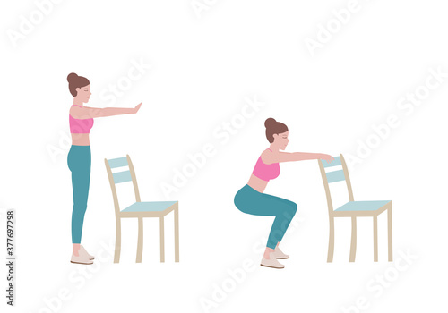 Exercises that can be done at-home using a sturdy chair.
Place both hands out in front of the body. bend  knees and loosen the hips, moving the buttocks toward the floor. with Modified Squats posture.